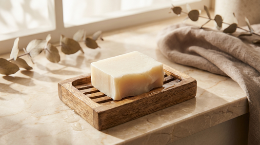Soap bar with soft mushy edges sitting in a wooden soap dish with pooled water