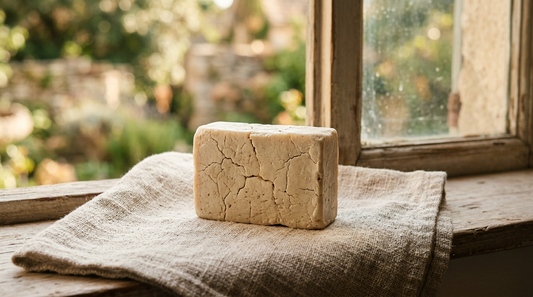Dry soap bar with fine cracks across its surface resting on linen near a sunlit window