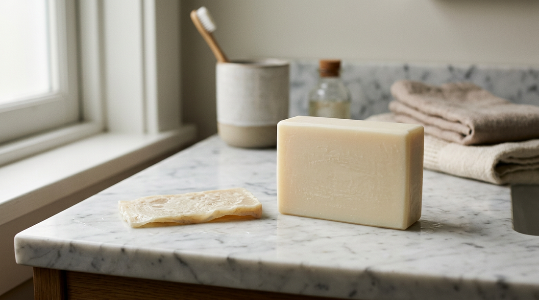 Thin worn soap sliver beside a full new soap bar on a marble bathroom counter
