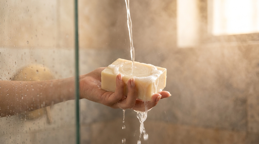 Cream soap bar held under a warm shower stream with water sheeting over its surface