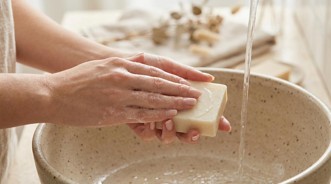 Hands rubbing a soap bar under running tap water producing thin weak lather