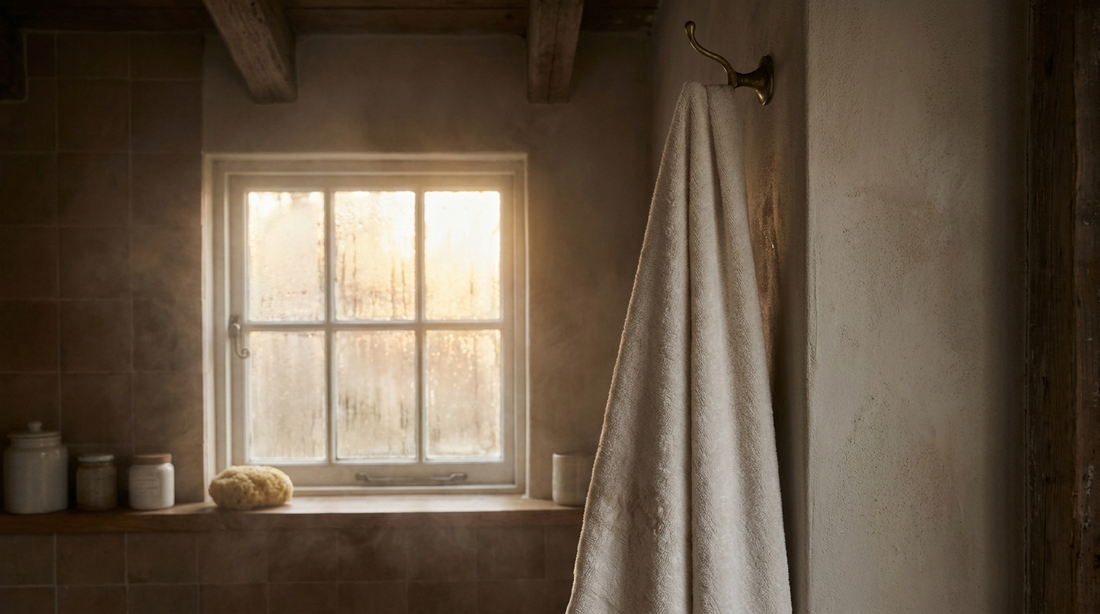 Damp white cotton towel hanging on a brass hook in a humid bathroom