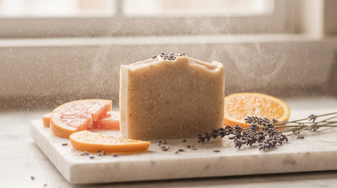 Cream soap bar with citrus slices and lavender sprigs suggesting fading fragrance