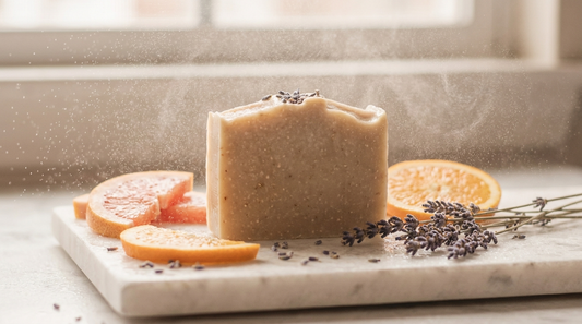 Cream soap bar with citrus slices and lavender sprigs suggesting fading fragrance