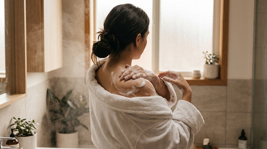 Woman in a white bathrobe lathering her shoulder with soap foam in a steamy bathroom