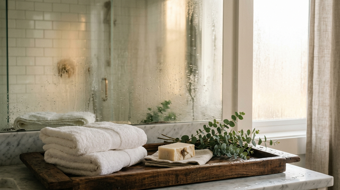 Steamy bathroom after a shower with fogged mirror, folded towels and a soap bar on a wooden tray