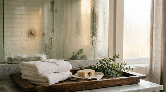 Steamy bathroom after a shower with fogged mirror, folded towels and a soap bar on a wooden tray