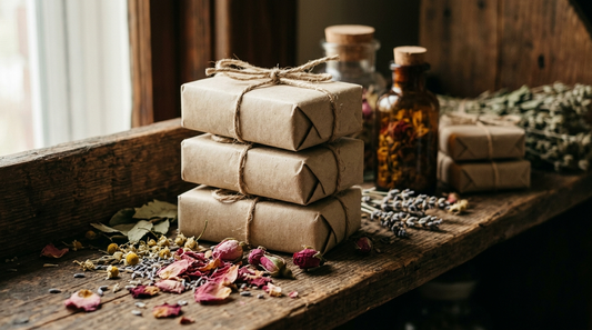 Stack of aged soap bars in unbleached paper wrapping with dried botanicals on a wooden shelf