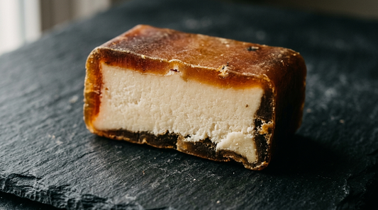 Old soap bar cut in half showing a darkened amber outer rind and pale cream interior