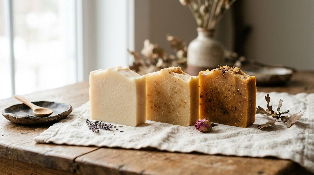 Three soap bars in a row showing gradual color change from pale cream to deep amber