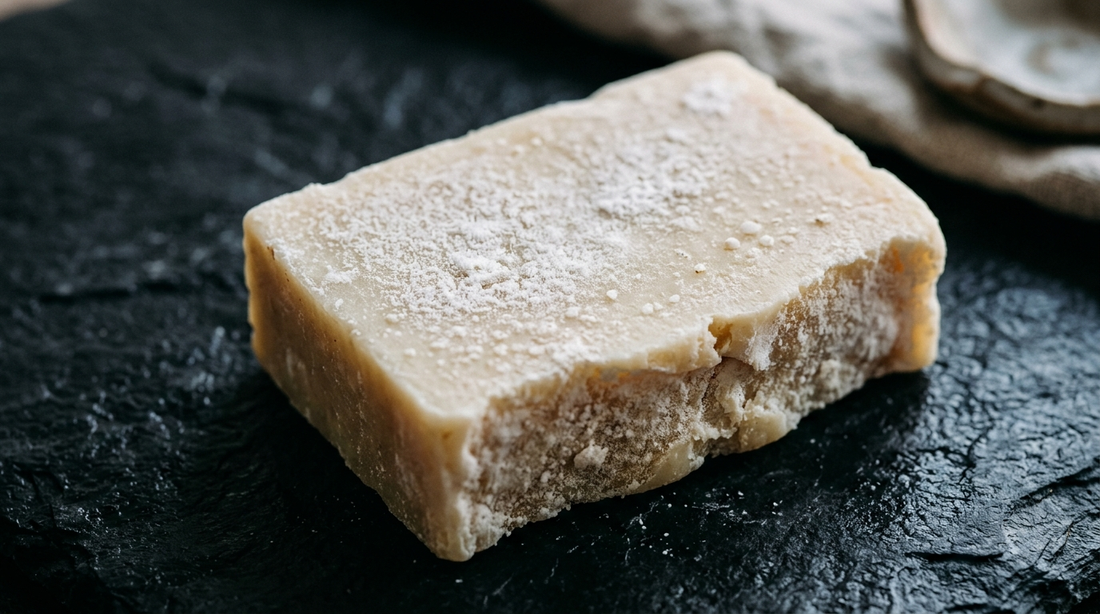 Close-up of a cream soap bar with fine white powdery bloom on its surface
