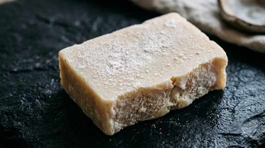 Close-up of a cream soap bar with fine white powdery bloom on its surface