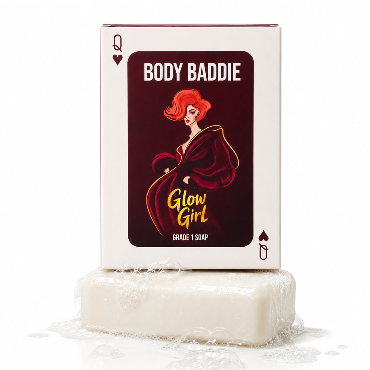 Body Baddie Glow Girl Grade 1 soap bar with Vitamin C and Niacinamide, Queen of Hearts packaging
